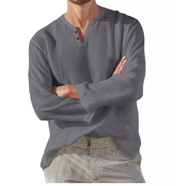 Men's cotton linen long sleeve V-neck shirt in blue, gray, black, and apricot