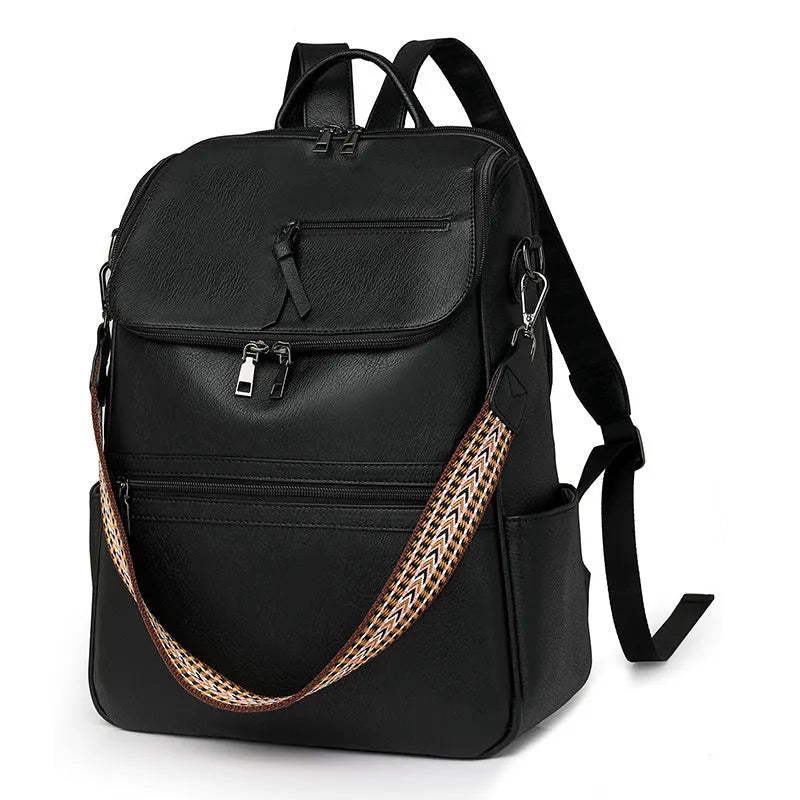 Retro college student backpack with curved shoulder straps in multiple colour options including black, blue, and yellow apricot