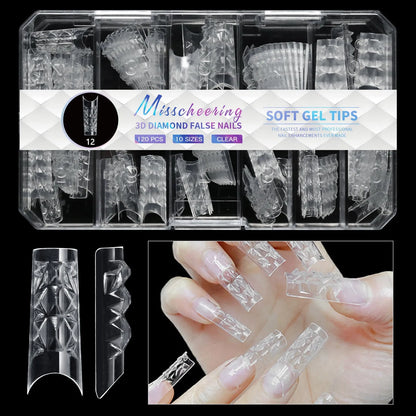 Box of 3D diamond-shaped long false nail tips in a chosen colour from the Diamond Nail range.