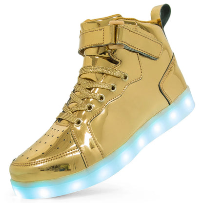 LED light-up high-top sneakers with Velcro strap in multiple colours on a dark background.