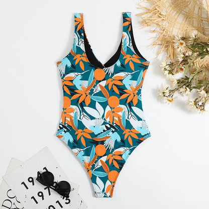 Women's high waist one-piece swimsuit in a printed pattern, showing front design.