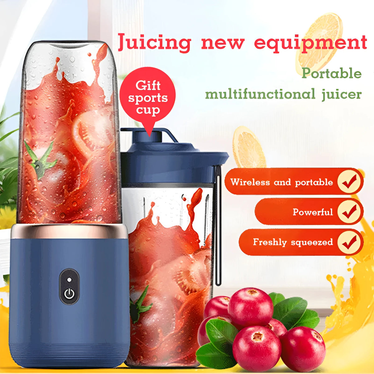 Portable USB blender in Tunisian dark blue with six blades, 400ml cup, and charging cable