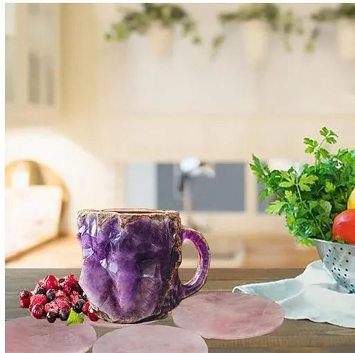 400ml resin mineral crystal coffee mug with handle in assorted colours including purple, blue, and pink.