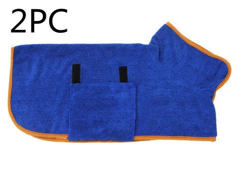 Absorbent dog bathrobe made of soft microfiber material with adjustable waist strap for a custom fit