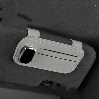 Cowhide leather car sun visor card holder with glasses clip in beige, black, mocha, grey or wine red