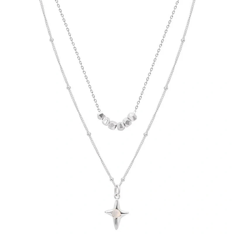 Elegant double-layer stainless steel cross necklace with opal accents
