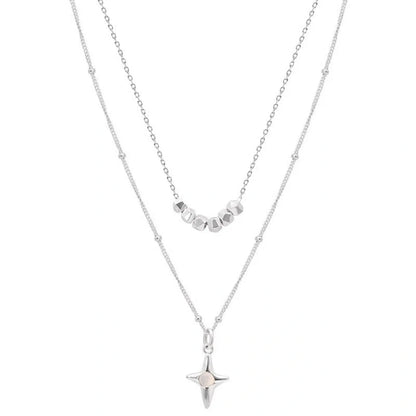 Elegant double-layer stainless steel cross necklace with opal accents