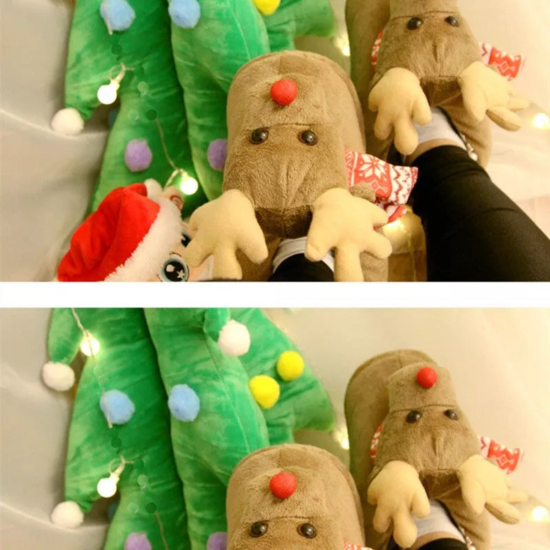 Christmas elk slippers for couples in yellow and khaki, plush material, sizes 35-43