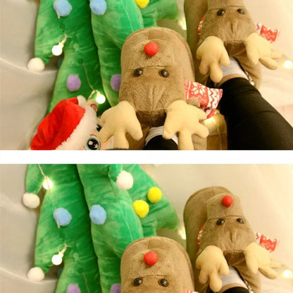 Christmas elk slippers for couples in yellow and khaki, plush material, sizes 35-43
