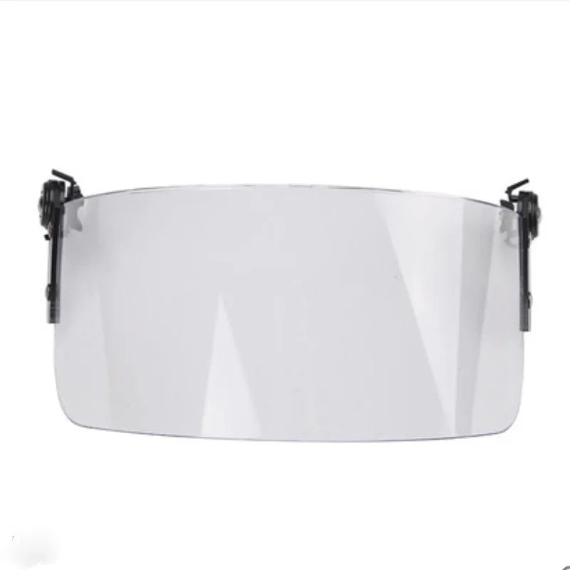 Transparent polycarbonate face shield helmet attachment with guide rail mount measuring 30cm by 15cm