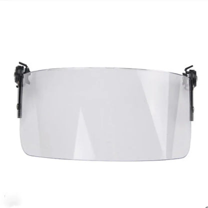 Transparent polycarbonate face shield helmet attachment with guide rail mount measuring 30cm by 15cm