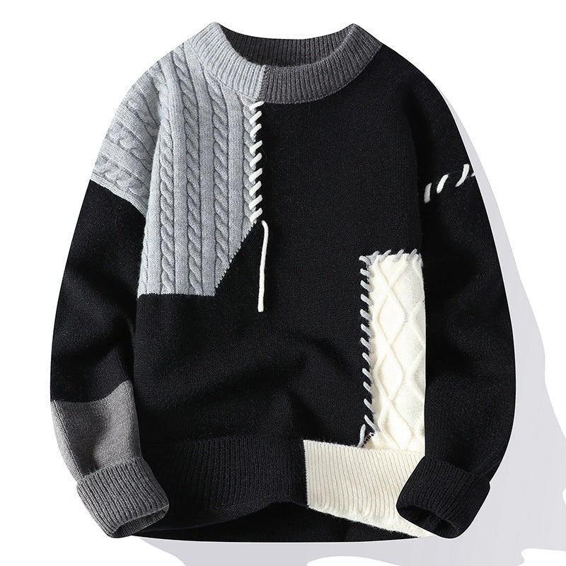 Men's colorblock pullover sweater in green, orange, and gray for winter fashion