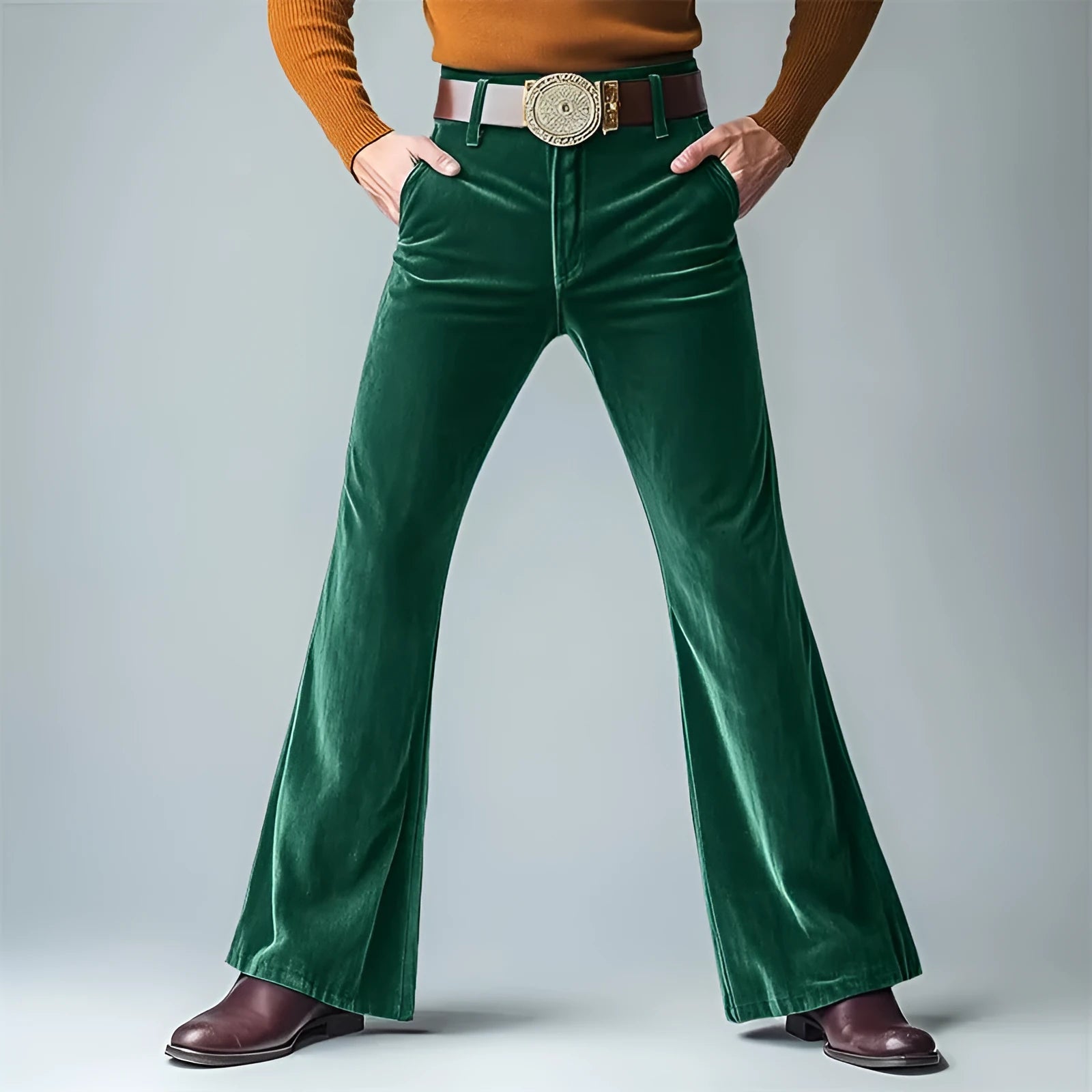 Men's velvet slim flared suit trousers in seven colours including black, dark red, green, blue, khaki, brown and yellow