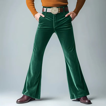 Men's velvet slim flared suit trousers in seven colours including black, dark red, green, blue, khaki, brown and yellow
