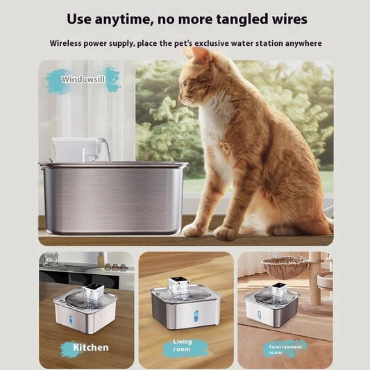 Wireless stainless steel cat water fountain with rechargeable battery and filter system