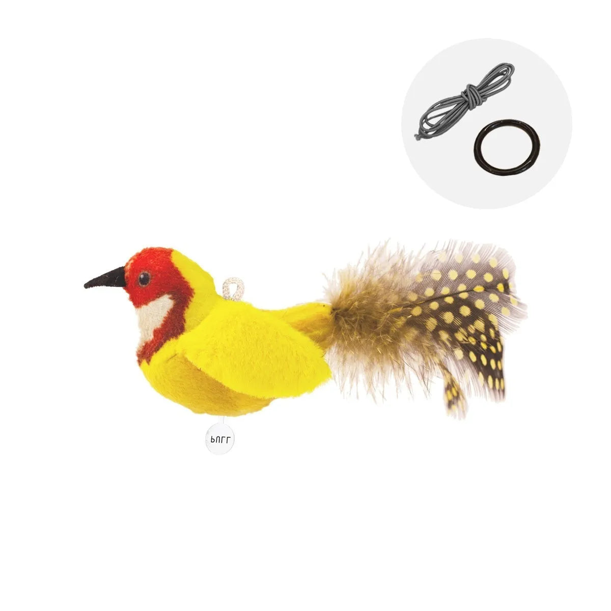 Bird simulation cat plush toy in four summer colour designs: colourful bird, sparrow, blue kingfisher and yellow bird