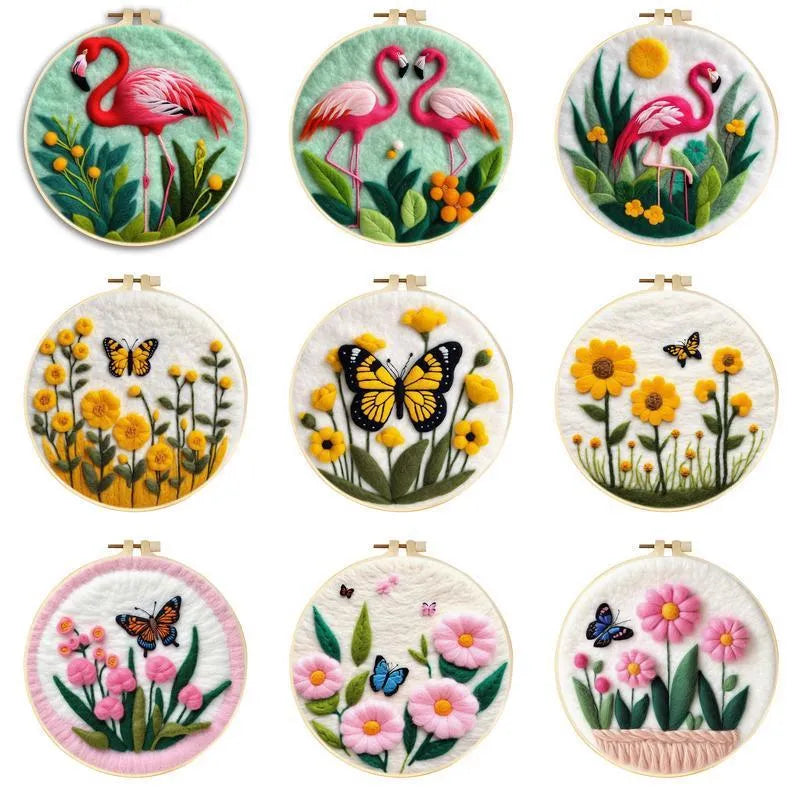 Round fabric embroidery kit with 20x20cm linen frame and wool felt for three-dimensional floral artwork