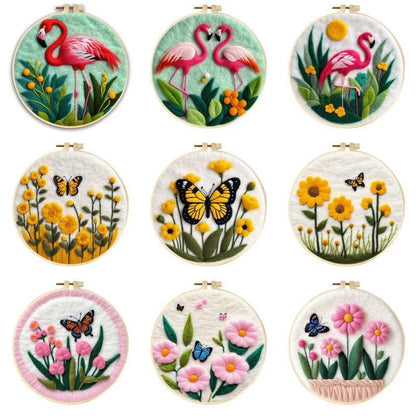 Round fabric embroidery kit with 20x20cm linen frame and wool felt for three-dimensional floral artwork