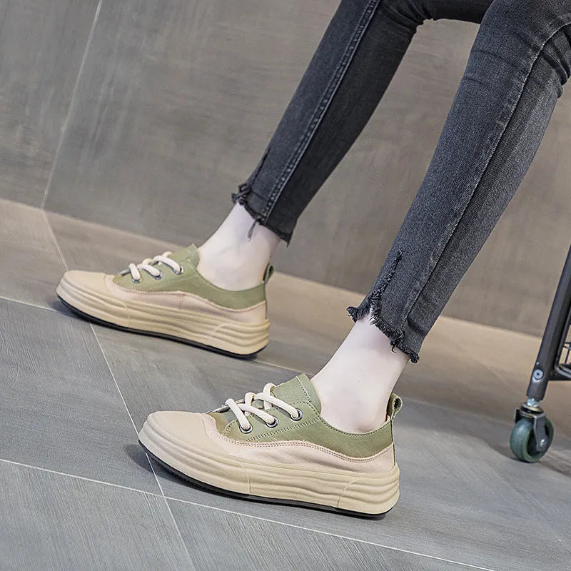 Women's leather platform sneakers in matcha green with round toe and lace-up front