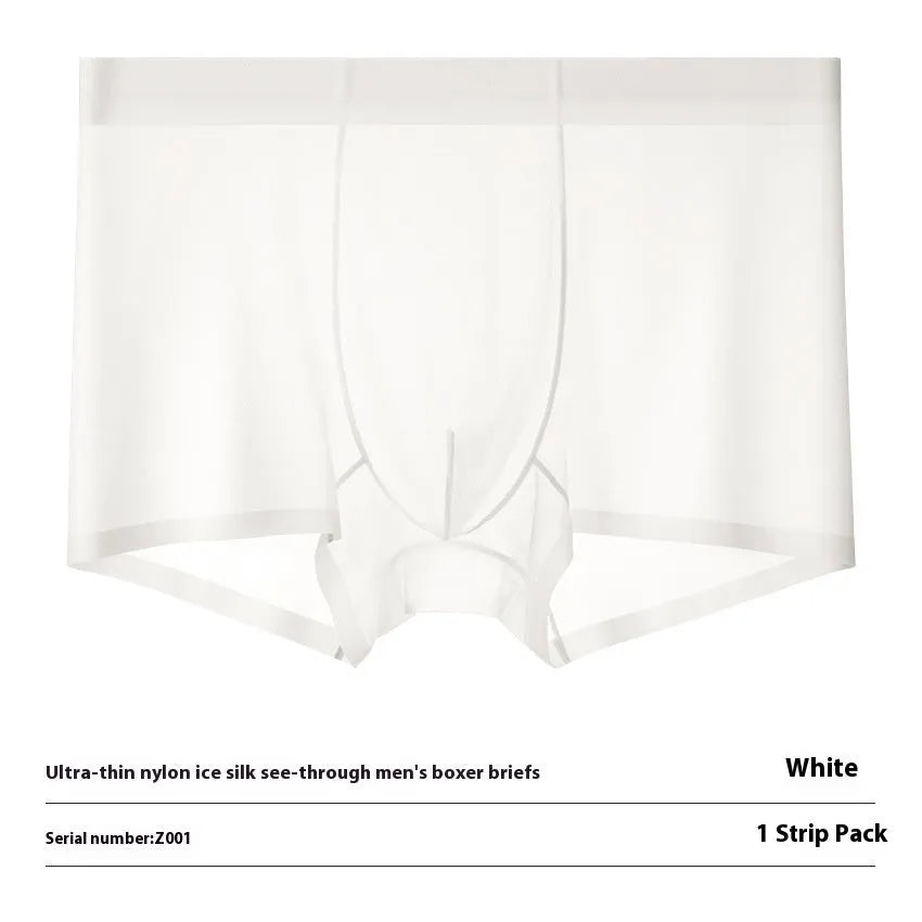 Men's ultra-thin ice silk boxer briefs in purple, shown flat to highlight seamless design.