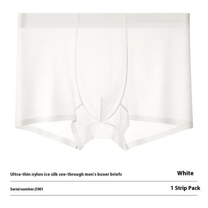 Men's ultra-thin ice silk boxer briefs in purple, shown flat to highlight seamless design.