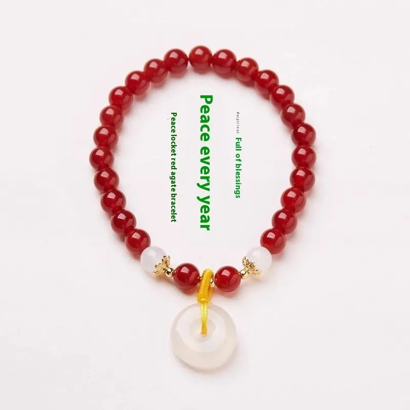 Natural Jinsi Jade and Red Agate bracelet with 6mm peace clasp beads and safety buckle clasp