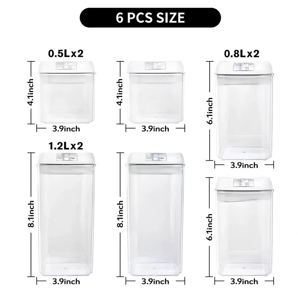 White 6-piece easy lock food storage containers set with 0.5L, 0.8L, 1.2L sizes for flour and sugar, total 1538g