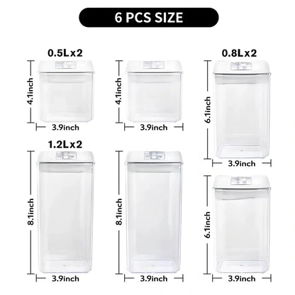 White 6-piece easy lock food storage containers set with 0.5L, 0.8L, 1.2L sizes for flour and sugar, total 1538g