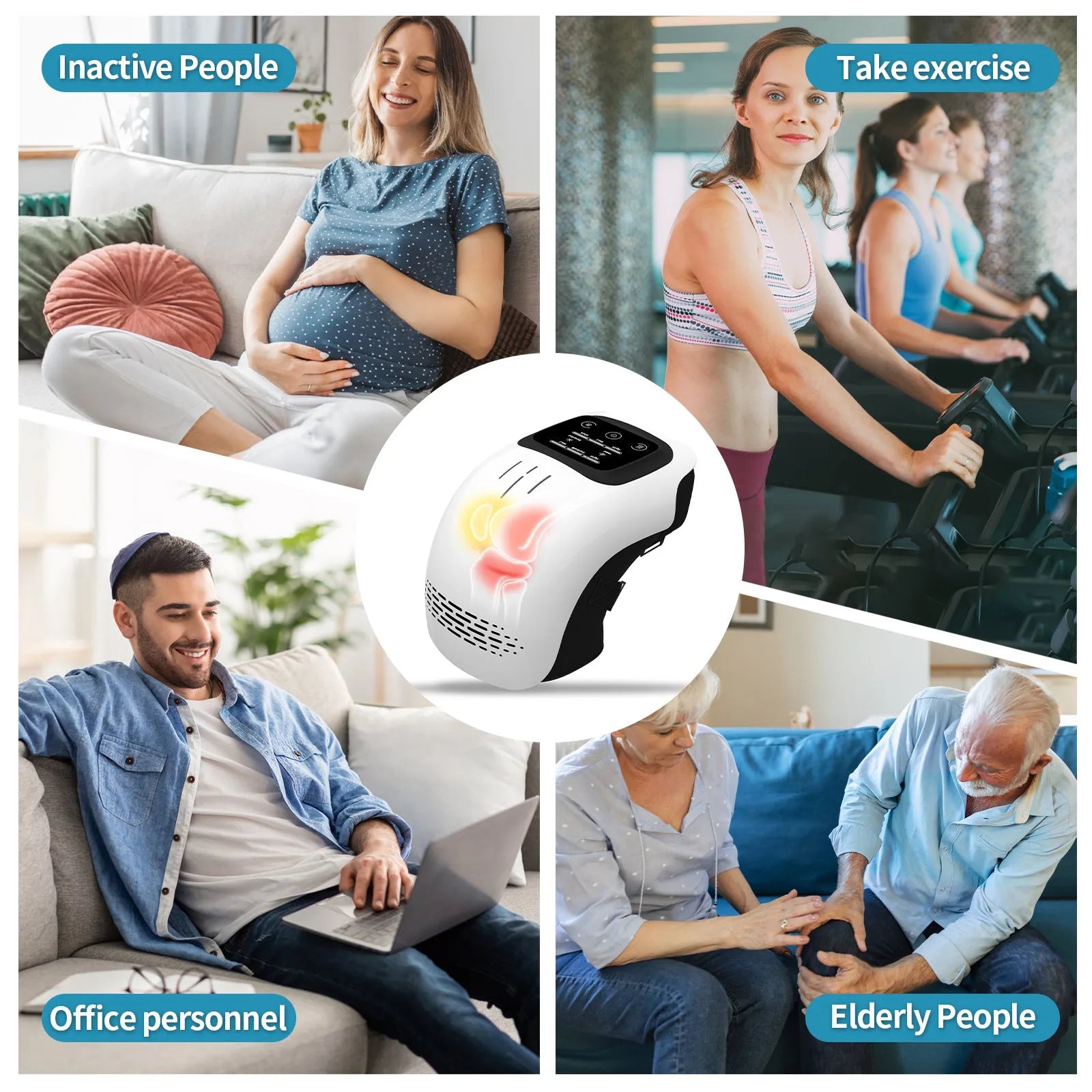 White rechargeable electric knee massager with heating and infrared laser therapy