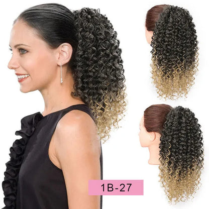 Drawstring puffy ponytail with afro curls in medium length for women, shown in simple style and colour options 1B, 27 and Bug.