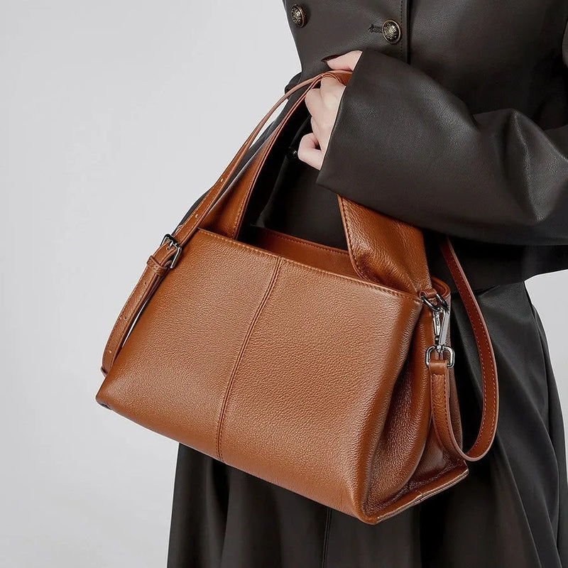 First Layer Cowhide Messenger Bag Genuine Leather Women's Casual Shoulder Bag Retro Texture Horizontal Square Style for Daily Matching Urban Simplicity in Apricot, Caramel, Black, or Grey with Double Joint Straps and Zipper Changing Bag