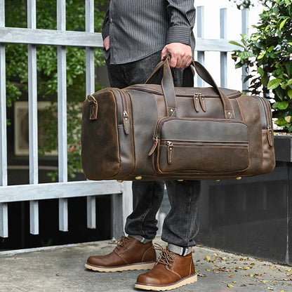 Men's dark brown full-grain leather crossbody handbag, 58cm large capacity, anti-theft, with shoulder strap.