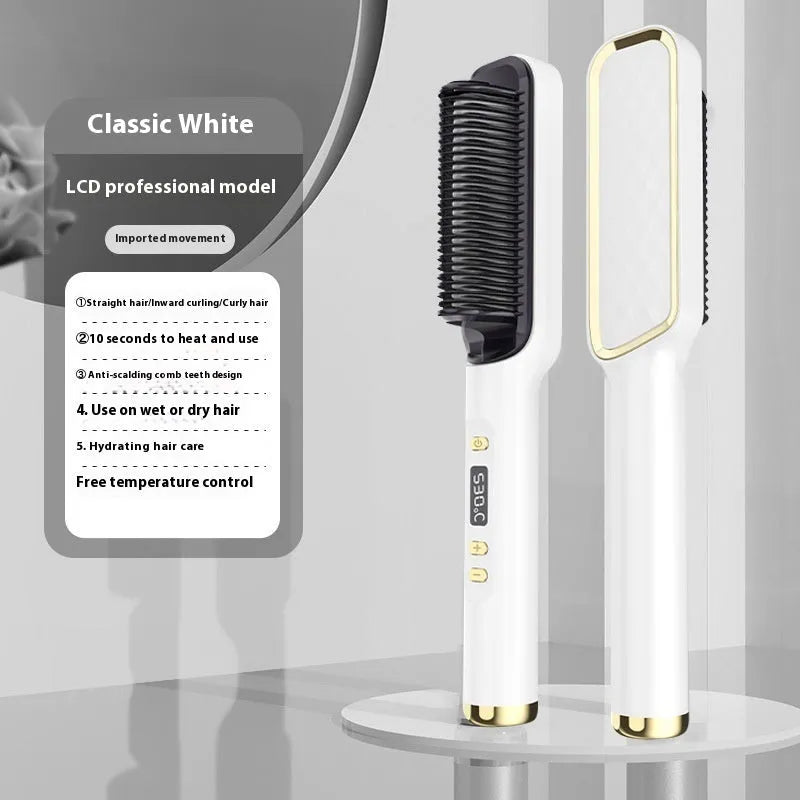 Negative ion hair straightening comb with LCD screen in avocado green colour.