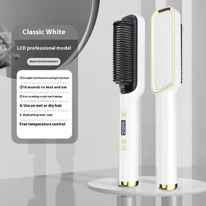 Negative ion hair straightening comb with LCD screen in avocado green colour.
