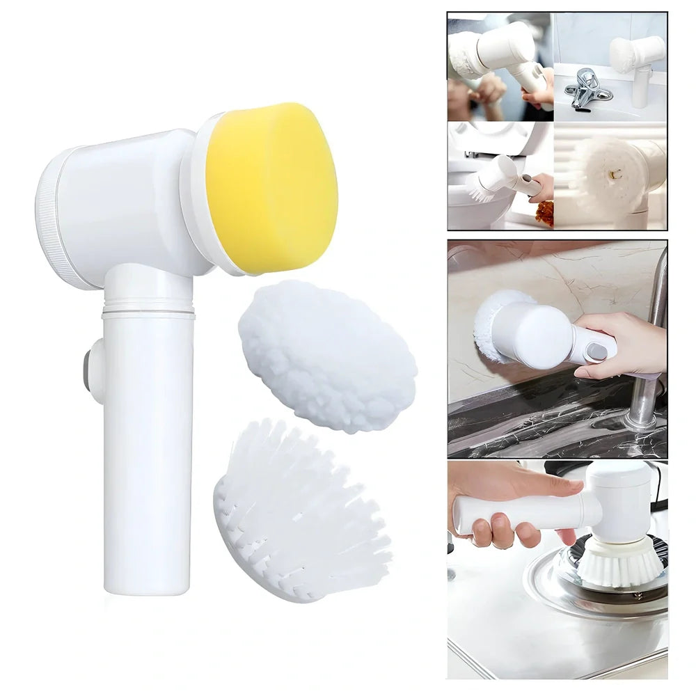 Electric cleaning brush with five interchangeable heads for kitchen and bathroom cleaning tasks