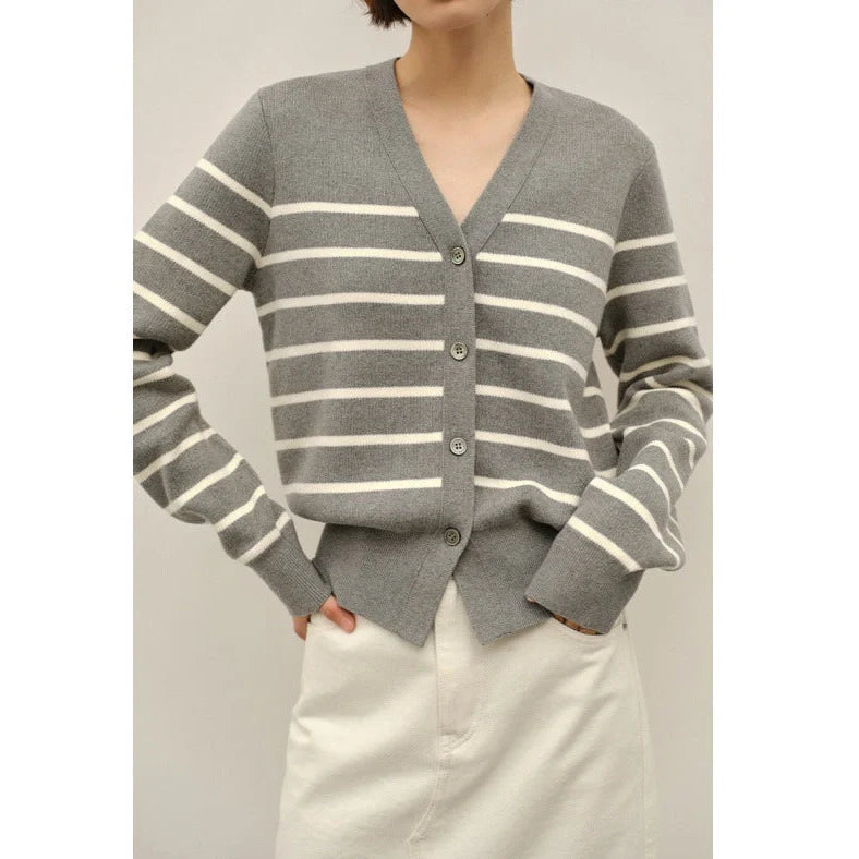 Women's striped knitted sweater jacket with button front in grey, showing regular sleeves and 40cm length