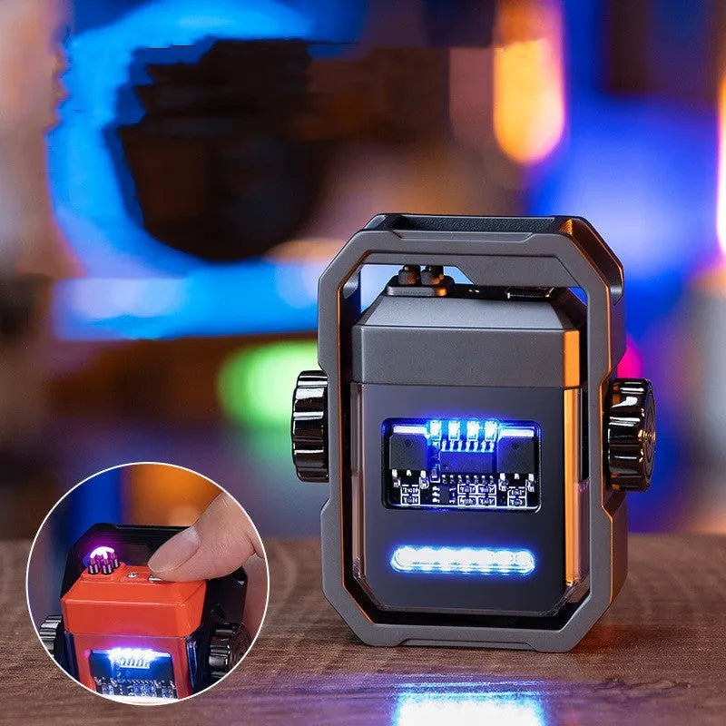 Pulse Lighter showing double arc flame, mechanical gyroscope, and folding zinc alloy body in blue colour
