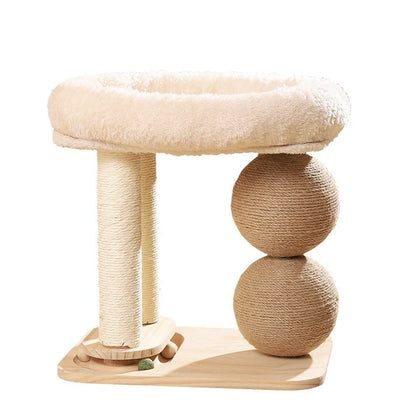 Solid pine cat nest with double ball posts on 40cm square base, showing scratching and resting functions