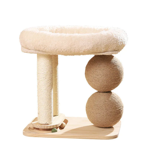 Pine wood cat nest with double ball design measuring 40cm across, showing scratching surfaces and resting area