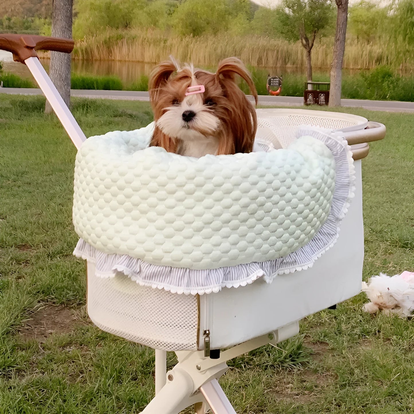 Pet stroller anti-dirty towel cushion pillow three-piece set in pure cotton, showing removable pads for cats and dogs