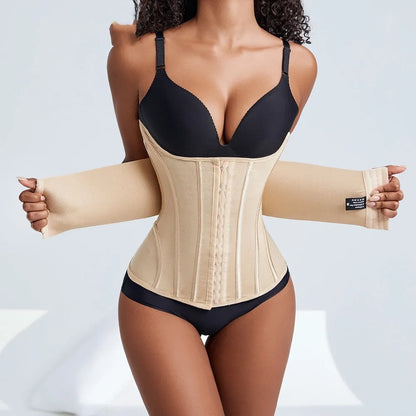 Black belly band waist trainer with adjustable tie on mannequin, showing nylon fabric construction