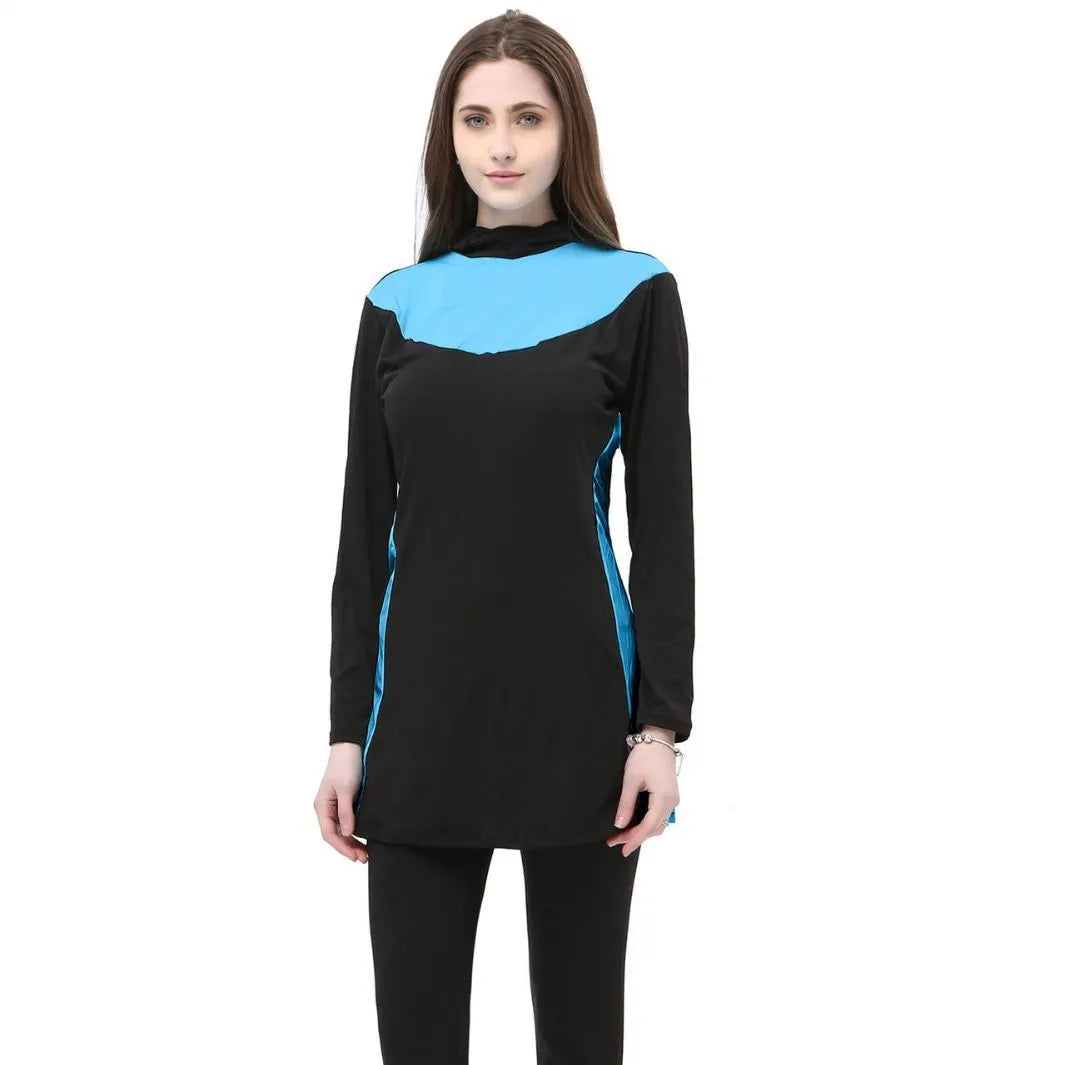 Conservative black women's swimsuit with long sleeves, a hood, and rose red panels.