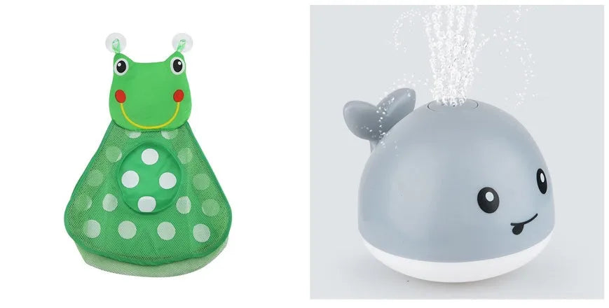 Automatic water-spraying whale bath toy with colourful lights floating in bath water.
