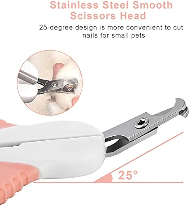 Cat nail clippers with a 25-degree angled blade and safety guard for precise trimming, designed for small pets like cats, kittens, puppies, rabbits, birds, and ferrets to avoid cutting the quick.