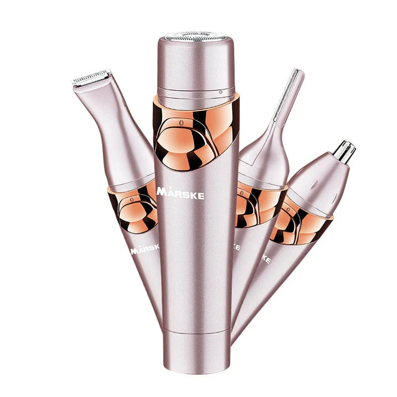 Four-in-one electric shaver in light fuchsia with USB charging cable and multiple cutter heads