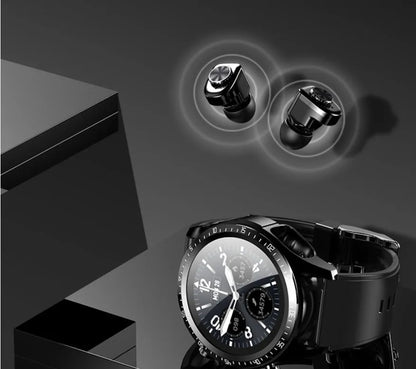 Black smart watch with silicone strap displaying health metrics on its screen, next to included TWS earphones.