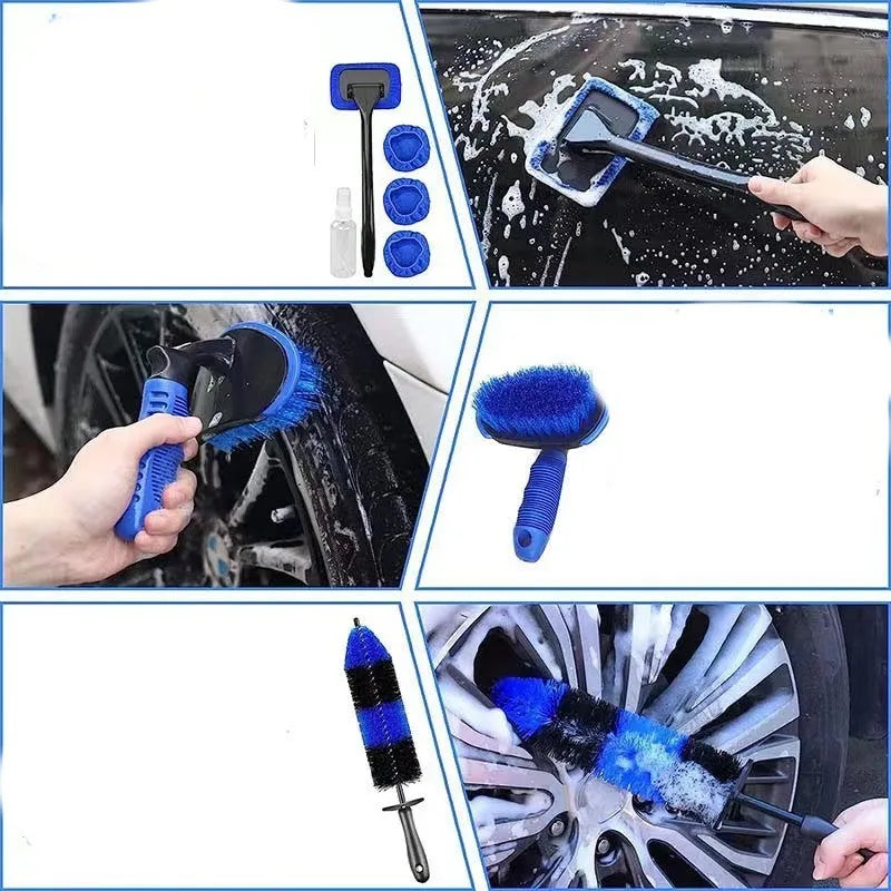 26-piece polypropylene car wash brush set with various brush heads and ergonomic handles for tyre and wheel cleaning.