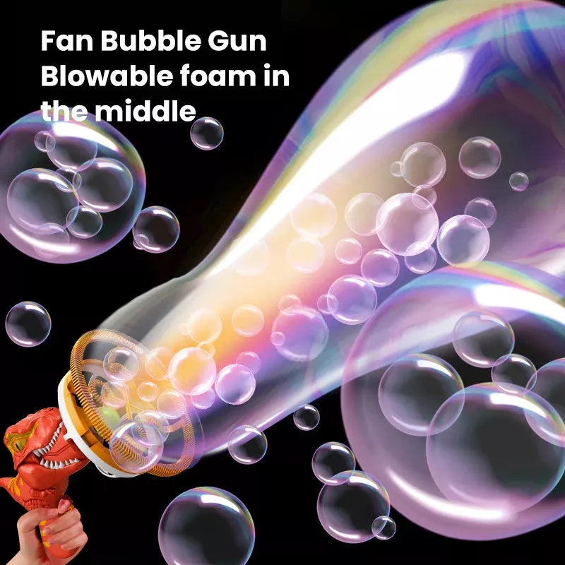 Dinosaur-shaped bubble machine for kids with red, blue, and green options