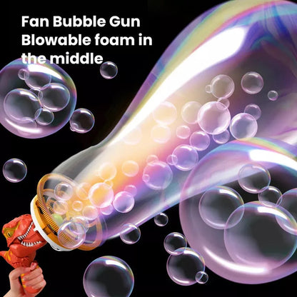 Dinosaur-shaped bubble machine for kids with red, blue, and green options