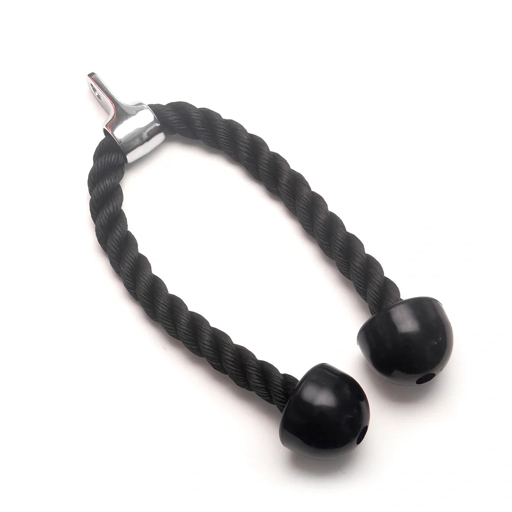 DIY fitness equipment set showing loading pin, hanging strap, tricep rope, pulley and carabiners